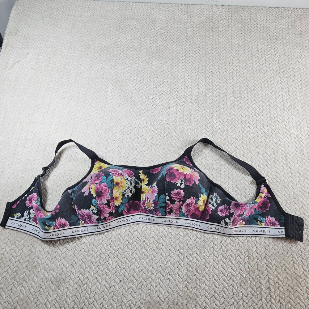 Cacique Floral Wirefree Contour Bra Black Pink Purple Logo Band 42D Plus Size